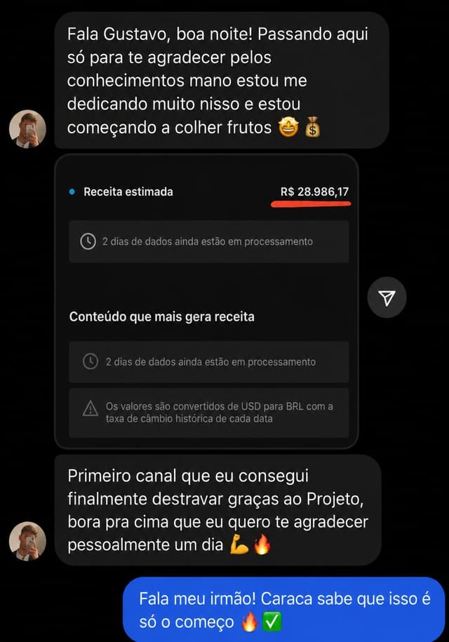 Depoimento de aluno — receita estimada R$28.986 no YouTube
