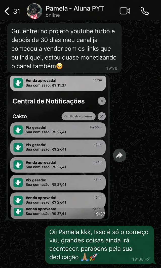 Depoimento Pamela — canal vendendo com links de afiliado em 30 dias
