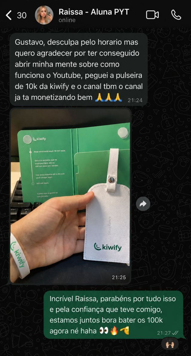 Depoimento Raissa — pulseira 10k kiwify e canal monetizado