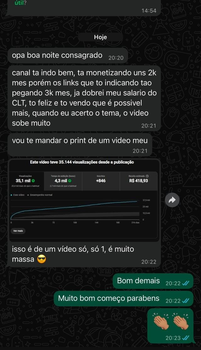 Depoimento — canal monetizando R$2k/mês + R$3k com links, dobrou salário CLT